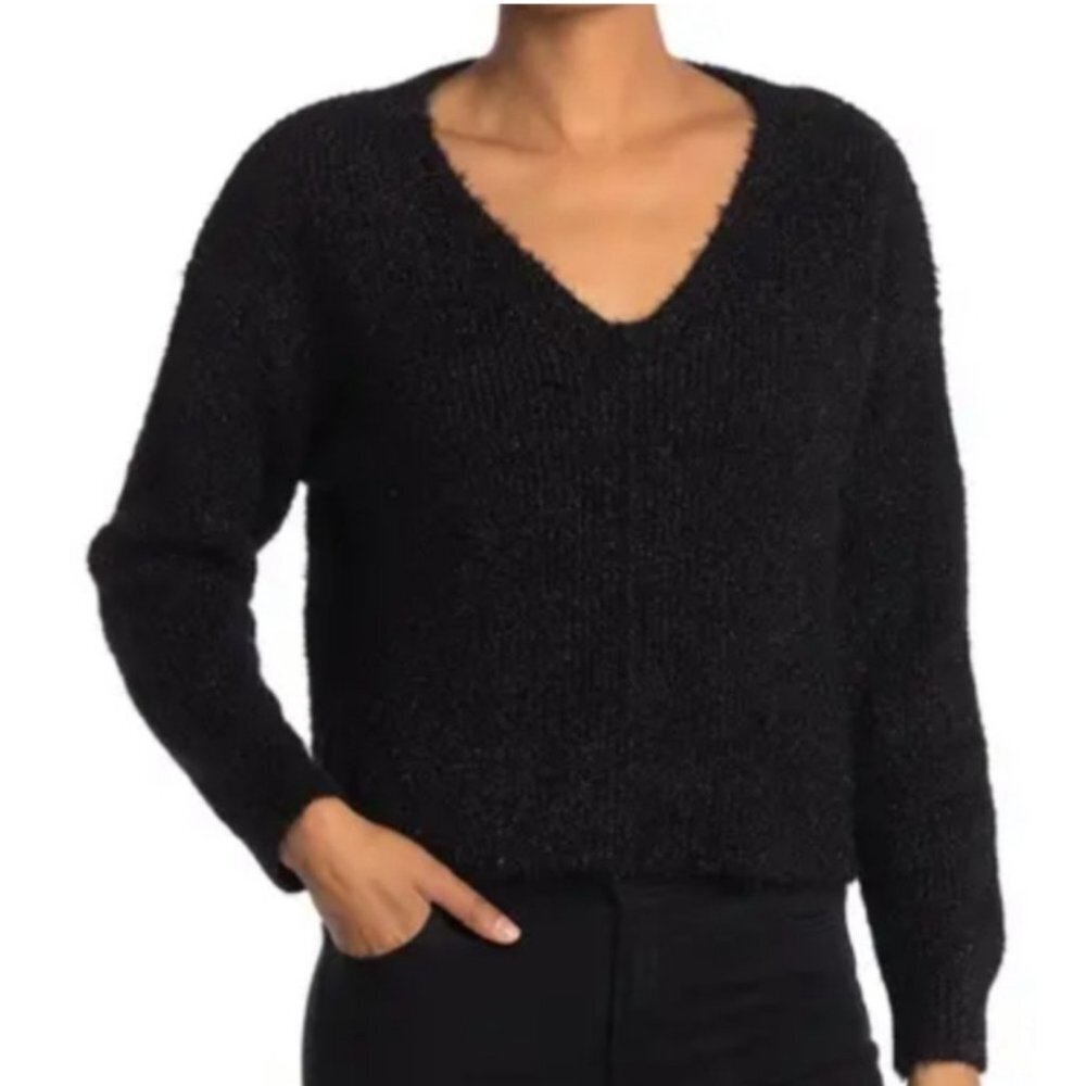 NWT Abound Knit Pullover V Neck Shimmer Long Sleeve Sweater Black Womens Medium